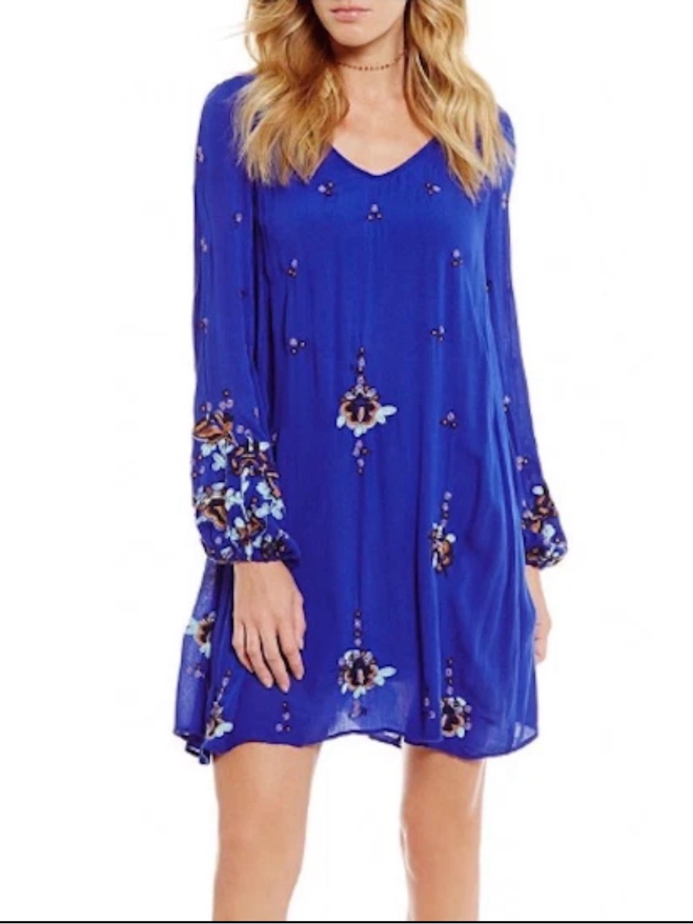 Free People Cobalt Blue Floral Embroidered Long-Sleeve Lined Dress Size XS